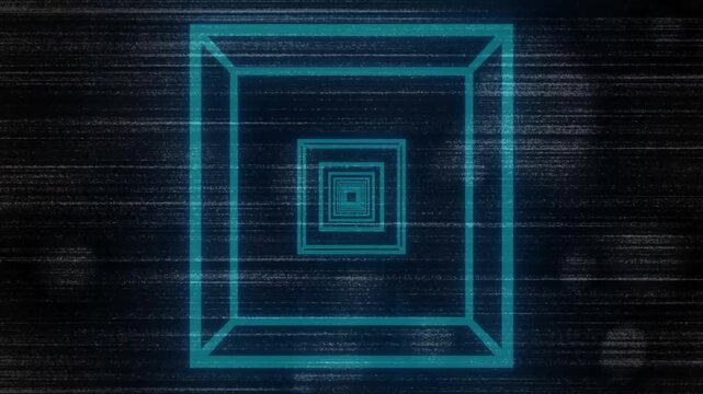 Nested cyan wireframe squares starting loop, scaling, pulsing, expanding, creating tunnel illusion