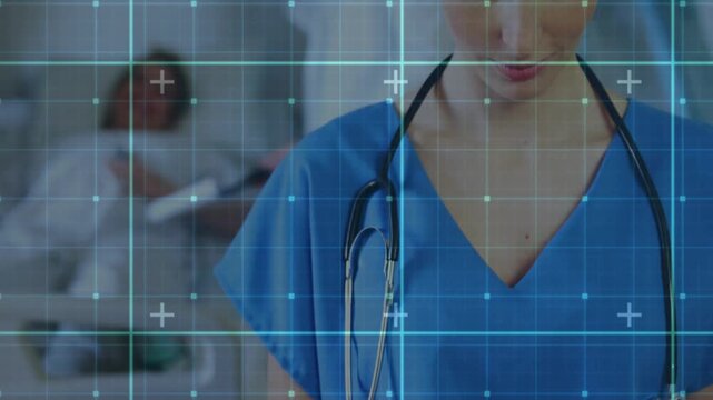 Camera moving forward, clinician centering with steth using tablet updating chart for care via grid