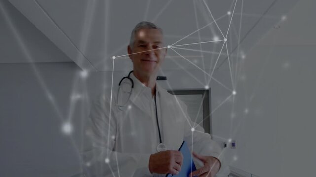 Camera focusing hands, senior doctor checking blue folder, engaging viewer, network overlaying
