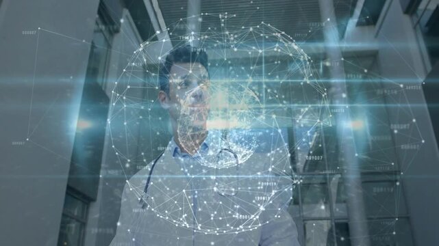 Male physician reacting to 3D globe appearing over chest, raising tablet, analyzing medical data