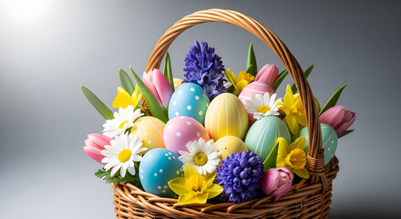 wicker basket overflowing with pastel-colored dotted Easter eggs and mixed spring flowers in pink, purple, yellow and white &mdash; perfect for Easter celebrations, holiday d&eacute;cor, or spring gift imagery.

