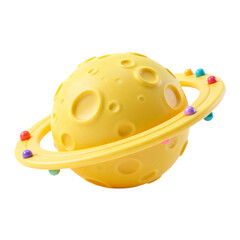 Stylized 3D Yellow Planet with Craters and Colorful Orbits with Small Spheres Representing Astronomy and Space Exploration Concepts