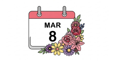 March 8th calendar page with colorful flowers and pink header