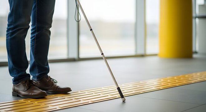 Person using a white cane on tactile paving in a modern building