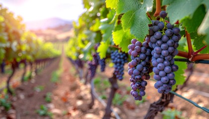 Naklejka premium Fresh ripe purple grapes hanging on vines in a vineyard garden under natural sunlight