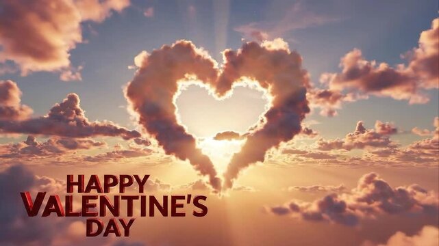 AI animated heart shaped clouds glowing in golden sky with Happy Valentine&rsquo;s Day text, romantic holiday greeting background, love and relationship concept, dreamy atmosphere, cinematic sunlight rays