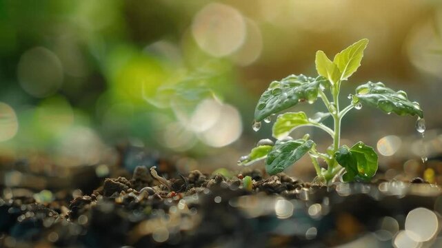A young sprout with water droplets on its leaves symbolises ecological renewal, relevant for articles about nature or climate initiatives, creating a natural backdrop.
