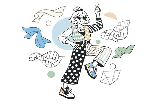 Fashion as identity. Person mixing patterns and textures, playful pose, confident smile, style as a personal statement.
