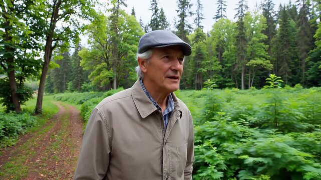 Elderly man in forest path