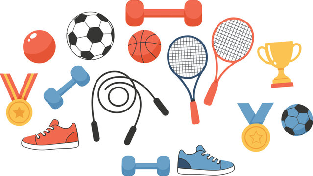 Sports and fitness equipment vector set with soccer ball tennis rackets dumbbells and gym shoes