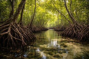 Coastal mangrove ecosystem supporting rich biodiversity through complex root systems and tidal waters