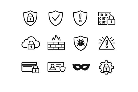 Security protection icons. Line outline icon set of Security protection icons: shield lock, shield check, shield alert,