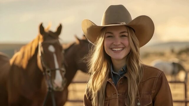 The bright smile of a girl wearing a cowboy hat in the countryside with horses emphasises the spirit of freedom and adventure, making it ideal as an atmospheric backdrop for advertising tourist ranche