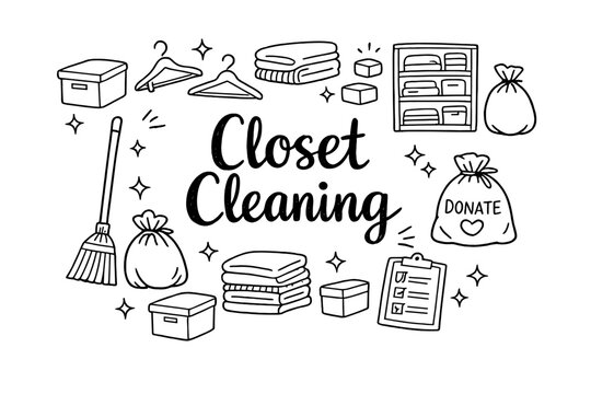 Closet Cleaning. Hand-drawn doodle illustration of Closet Cleaning. hangers, folded clothes, storage box, trash bag,