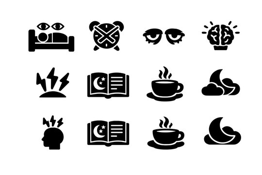Insomnia treatment. Filled icon set of Insomnia treatment: awake person in bed, crossed alarm clock, tired eyes, brain
