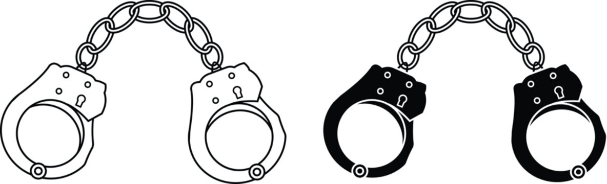 handcuffs vector, silhouette and outline, clipart black and white handcuff isolated on white background.