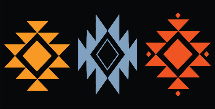Three stylized geometric tribal textile patterns featuring symmetric diamond shapes and radiating triangles in contrasting orange and light blue against a solid black background