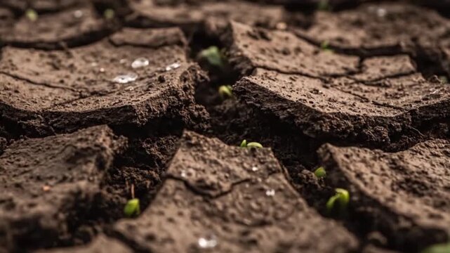 Macro time-lapse of green plant sprouts growing through parched cracked soil, representing hope and life in a dry environment