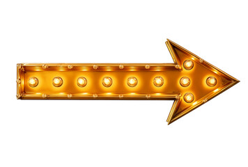 Illuminated Golden Arrow Sign with Light Bulbs lights isolated on a transparent background