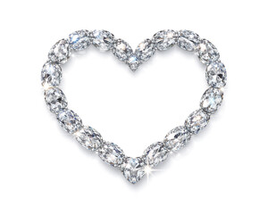 Diamond heart frame isolated on a clean white background. Luxury clear crystal design with bright reflections and sparkling highlights,  perfect for Valentine&rsquo;s Day, wedding and  love-themed visuals.