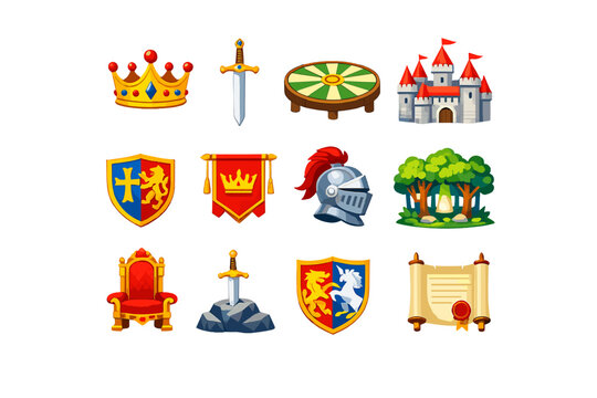 King Arthur legends. Colorful flat vector icons set of King Arthur legends: King Arthur crown, Excalibur sword, round