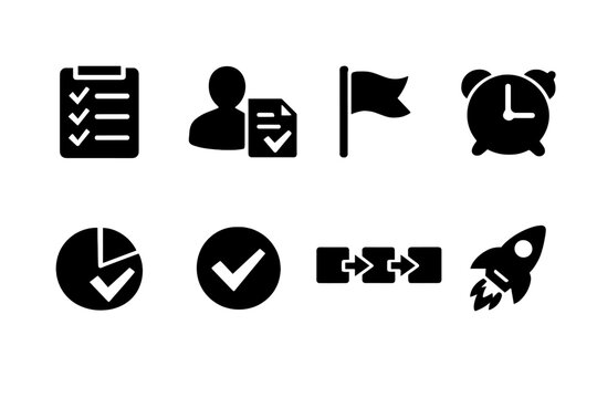 Task management. Filled icon set of Task management: task checklist, assignment user, priority flag, deadline clock,
