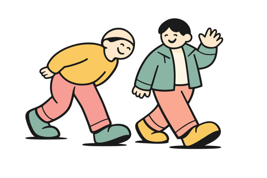 Modern flat illustration of quiet joyful moments, stylized characters smiling while walking together, one person leaning
