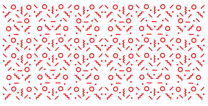 Seamless retro pattern featuring abstract red geometric shapes like circles dashes and zigzags creating a vibrant memphis style background design