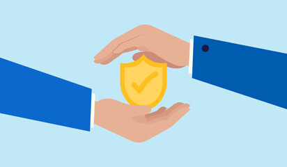 Hands protecting security shield with checkmark