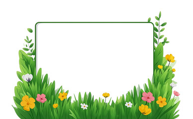 Green Grass and Flowers Border with Empty Black Frame isolated on a transparent background