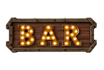 Wooden Bar Sign with Lighted Marquee Letters lights isolated on a transparent background
