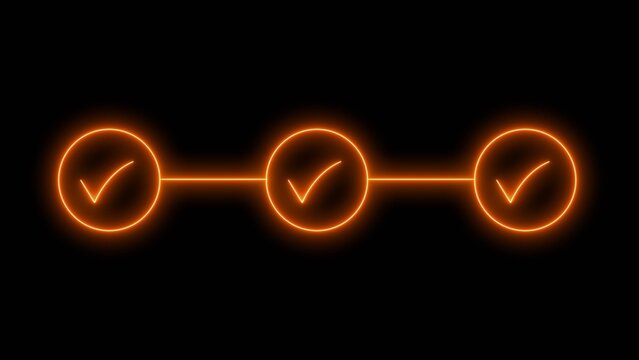 Neon bright 3 step infographic process with check mark icon orange color 4k illustration. Abstract beautiful Step-by-Step Guide. 4k illustration. 