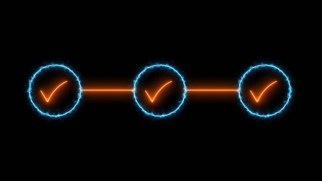 Neon bright 3 step infographic process with check mark icon orange color 4k illustration. Abstract beautiful Step-by-Step Guide. 4k illustration. 