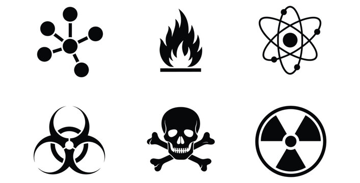 Collection of six black hazard warning symbols representing chemical biological flammable radioactive and atomic dangers essential for safety signage illustration