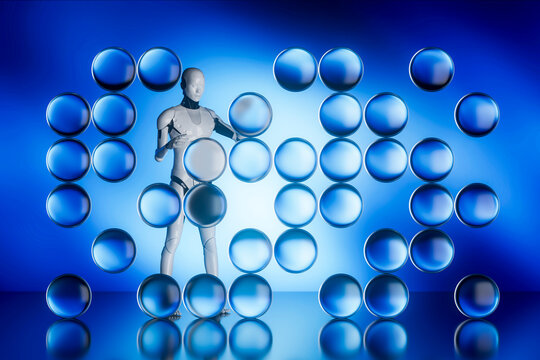 3D robot interacting with floating blue glass spheres