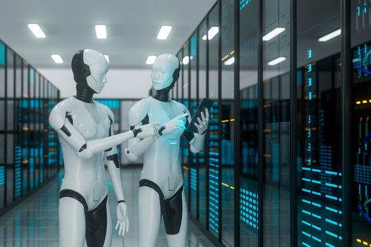 3D androids interacting in data center aisle
