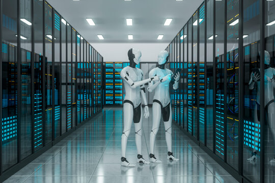 3D robotics teamwork inside server room aisle