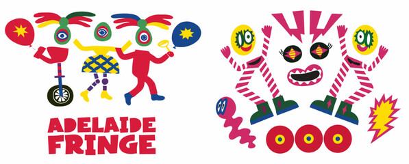 Fototapeta premium A colorful vector graphic illustration of Adelaide Fringe characters in a playful and vibrant design
