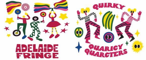 A colorful vector graphic illustration of quirky characters and logos for Adelaide Fringe and Quirky Quarters