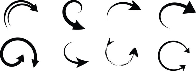 Obraz premium Curved arrow icon set in black silhouette style with circular and swirl shapes, rotation and direction symbols collection for infographic, navigation, reload, and design elements.