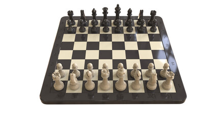 3D-rendered chessboard with full piece setup in starting position. Coordinate labels enhance strategic clarity, symmetry, and classic elegance of intellectual gameplay.