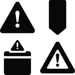 Collection of four black warning and attention icons, including exclamation marks within triangles and a document alert symbol.