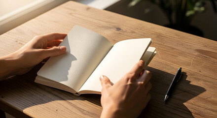 hands holding open a blank unlined notebook on a wooden table with a pen nearby &mdash; great for journaling, planning, note-taking, or stationery product shots.

