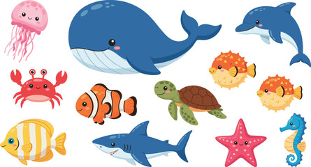 Fototapeta premium Cute sea animals illustration set featuring whale, dolphin, fish, turtle, shark, and starfish in colorful flat vector style