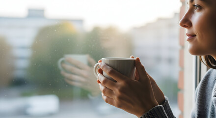 woman in profile holding a warm mug and looking out a sunlit window &mdash; ideal for mindfulness, morning rituals, cozy lifestyle, or reflective moments.

