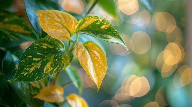Green leaves with yellow spots and streaks stand out against a blurred light background, showcasing the beauty of natural textures and shades. Suitable as a decorative background for eco-friendly prod