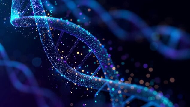 abstract blue and purple background with a dna double helix a futuristic dna structure, a dna chain on a dark space background big data visualization Generative AI