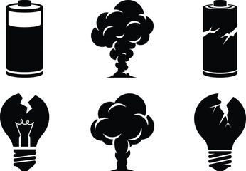 A collection of six black and white icons representing batteries and lightbulbs, some of which appear damaged or exploded.