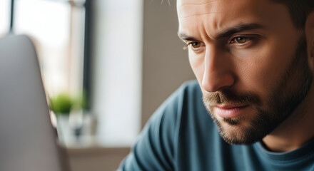 close-up of a man with a furrowed brow looking intently at his laptop &mdash; ideal for focused work, problem-solving, online research, or cybersecurity/programming contexts.

