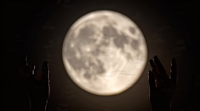 A pair of hands in silhouette forming a heart shape in front of a large, bright moon